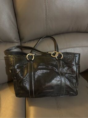 Classic shiny Black Leather Tote Bag with silver Hardware